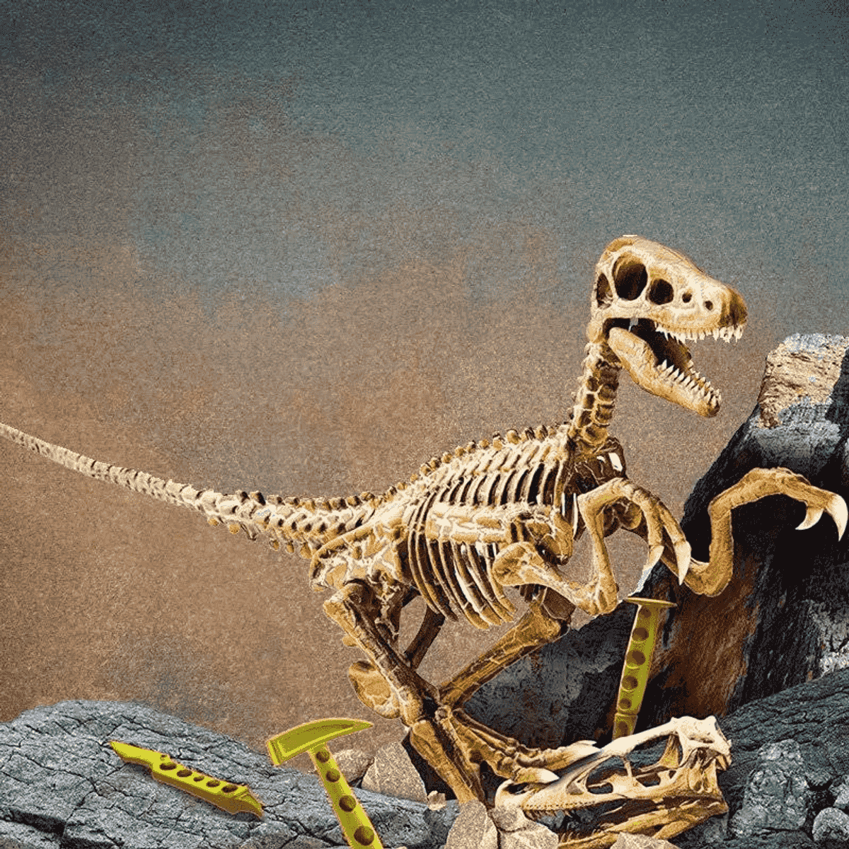 Un esqueleto de dinosaurio sobre terreno rocoso con herramientas de excavación y fondo texturizado.