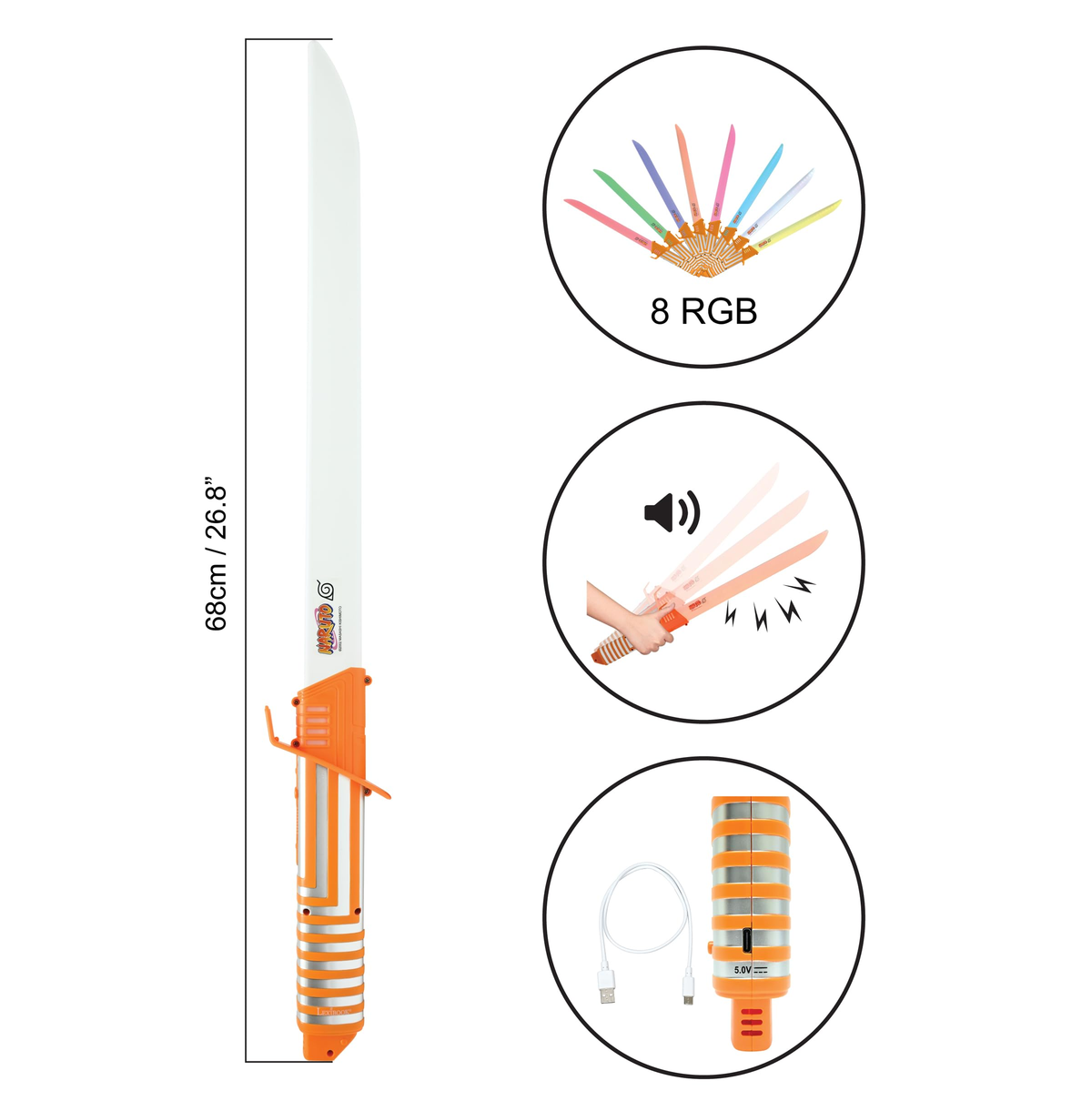 Espada de Naruto de 68 cm con 8 colores RGB, efectos de sonido, cable USB y mango naranja sobre fondo blanco.