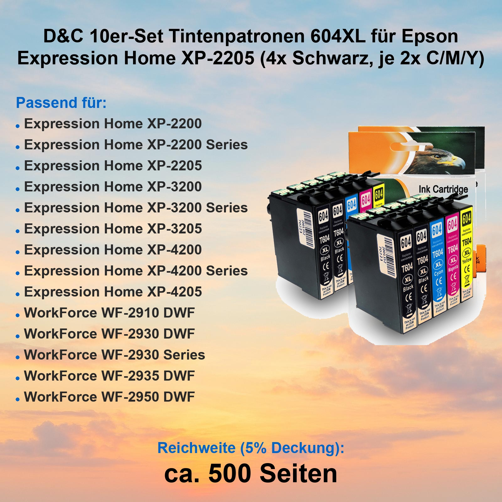 Tintenpatronen-Set 604XL für Epson Drucker, kompatibel mit verschiedenen Modellen und mit ca. 500 Seiten Reichweite.