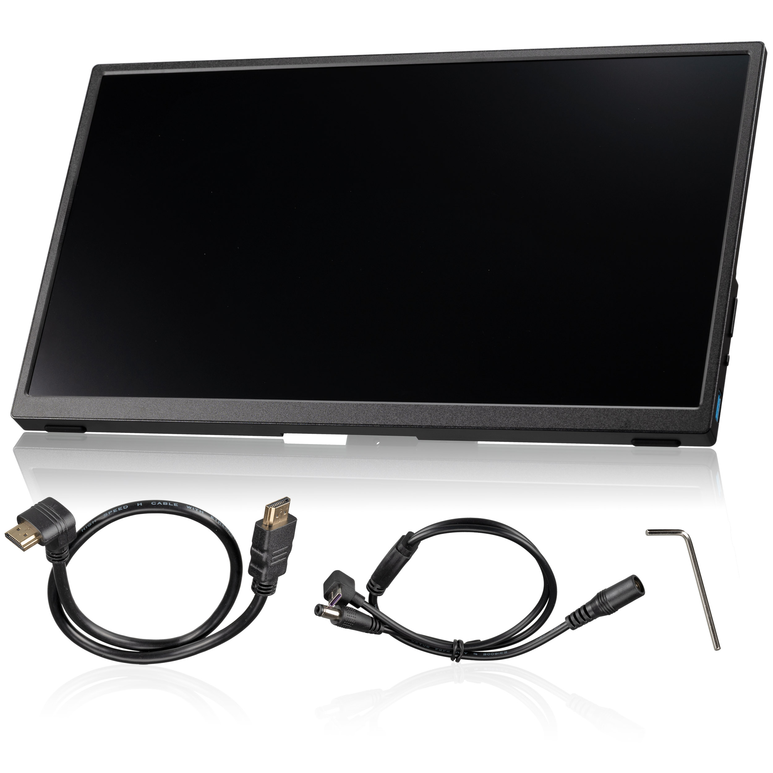 Un monitor portátil con marco negro, dos cables y una pequeña llave inglesa sobre un fondo blanco.