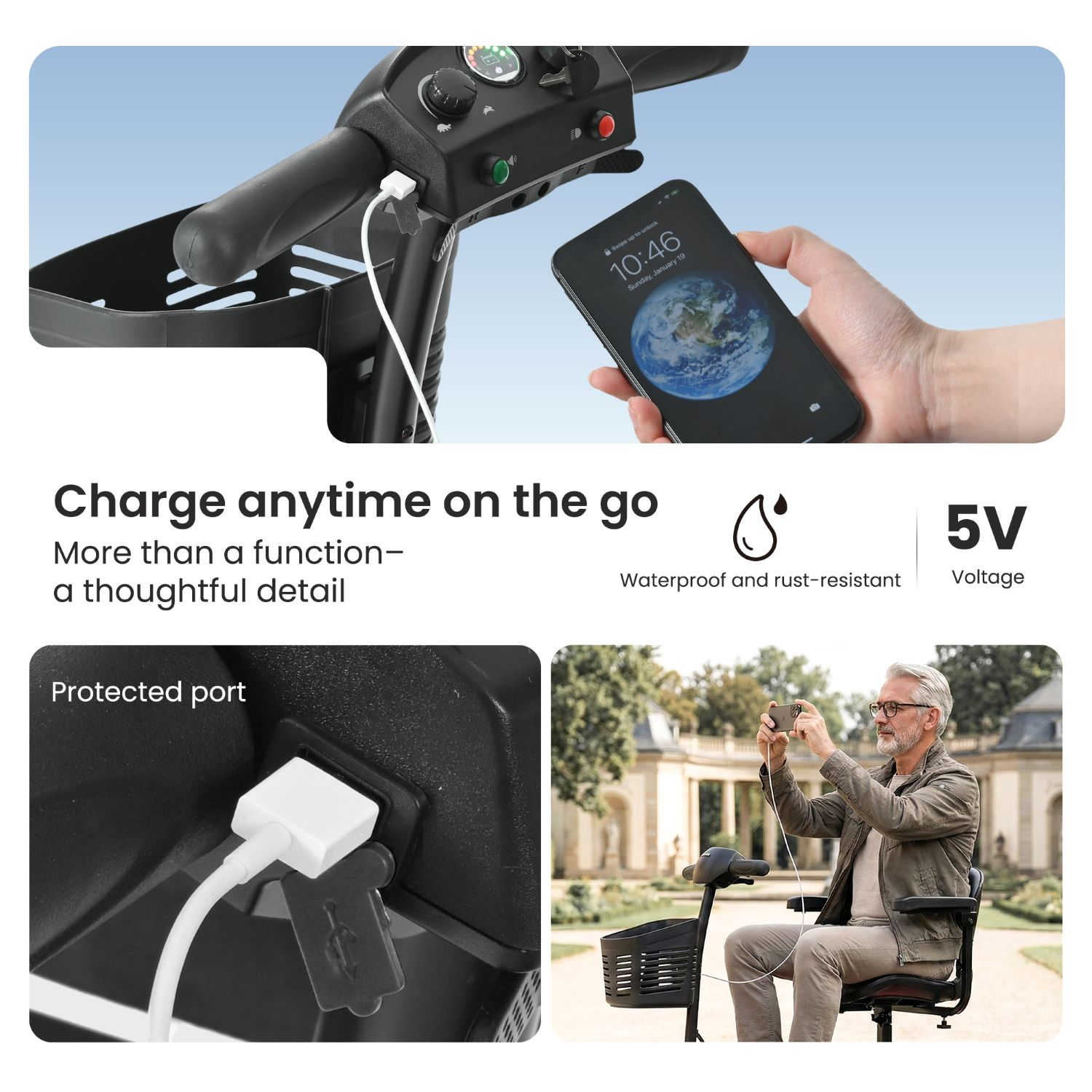 Un hombre sentado en un scooter de movilidad carga su teléfono inteligente usando el puerto USB del scooter.