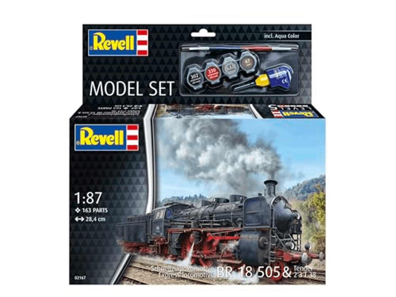 Set de maqueta Revell de una locomotora de vapor BR 18 505 con pinturas y pegamento.