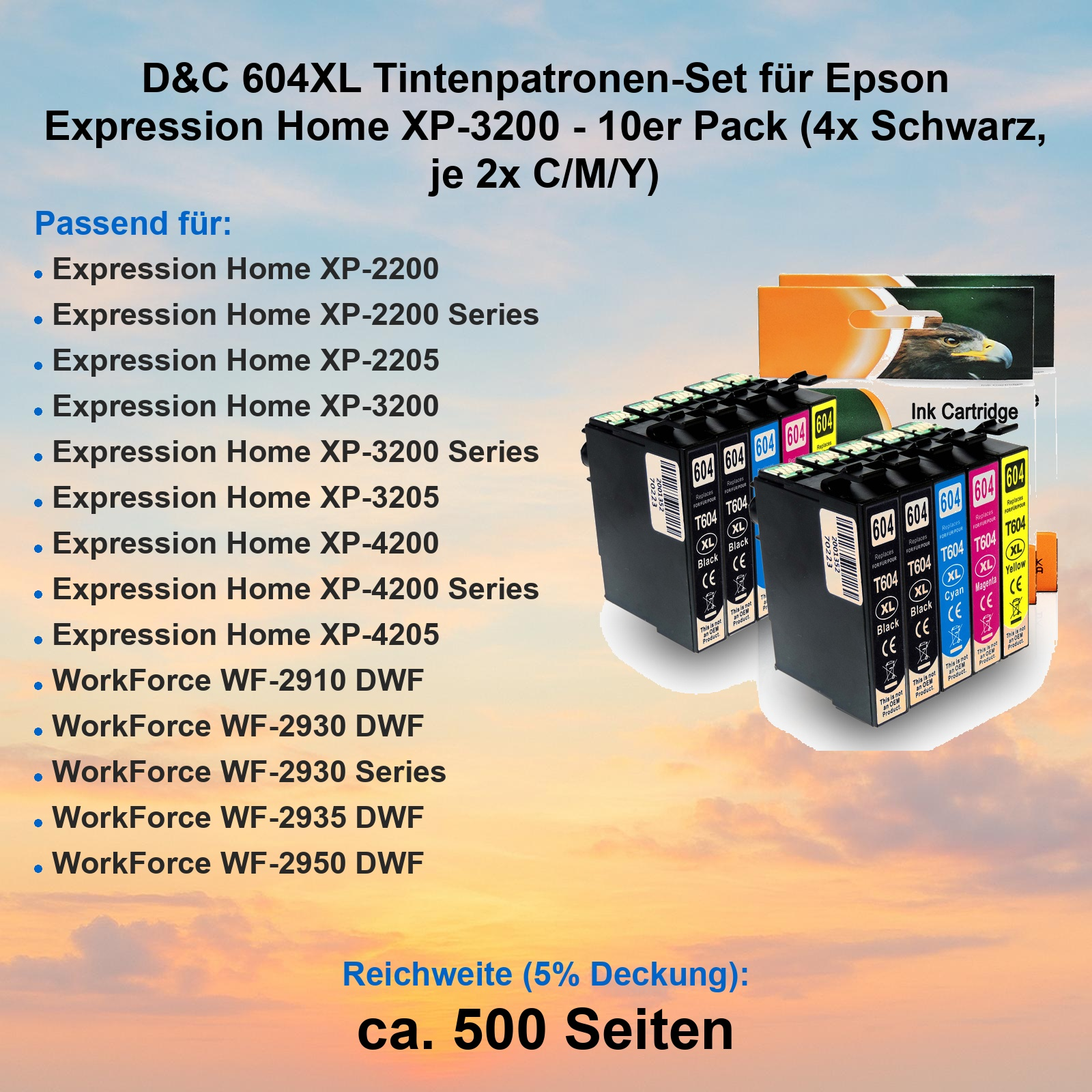 D&C 604XL Tintenpatronen-Set für Epson Drucker vor einem farbigen Himmel.