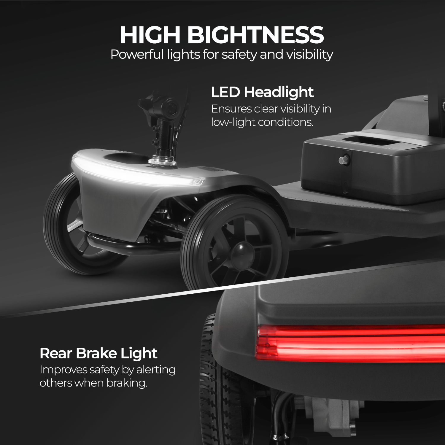 Scooter de movilidad con faro LED brillante y luz trasera roja.