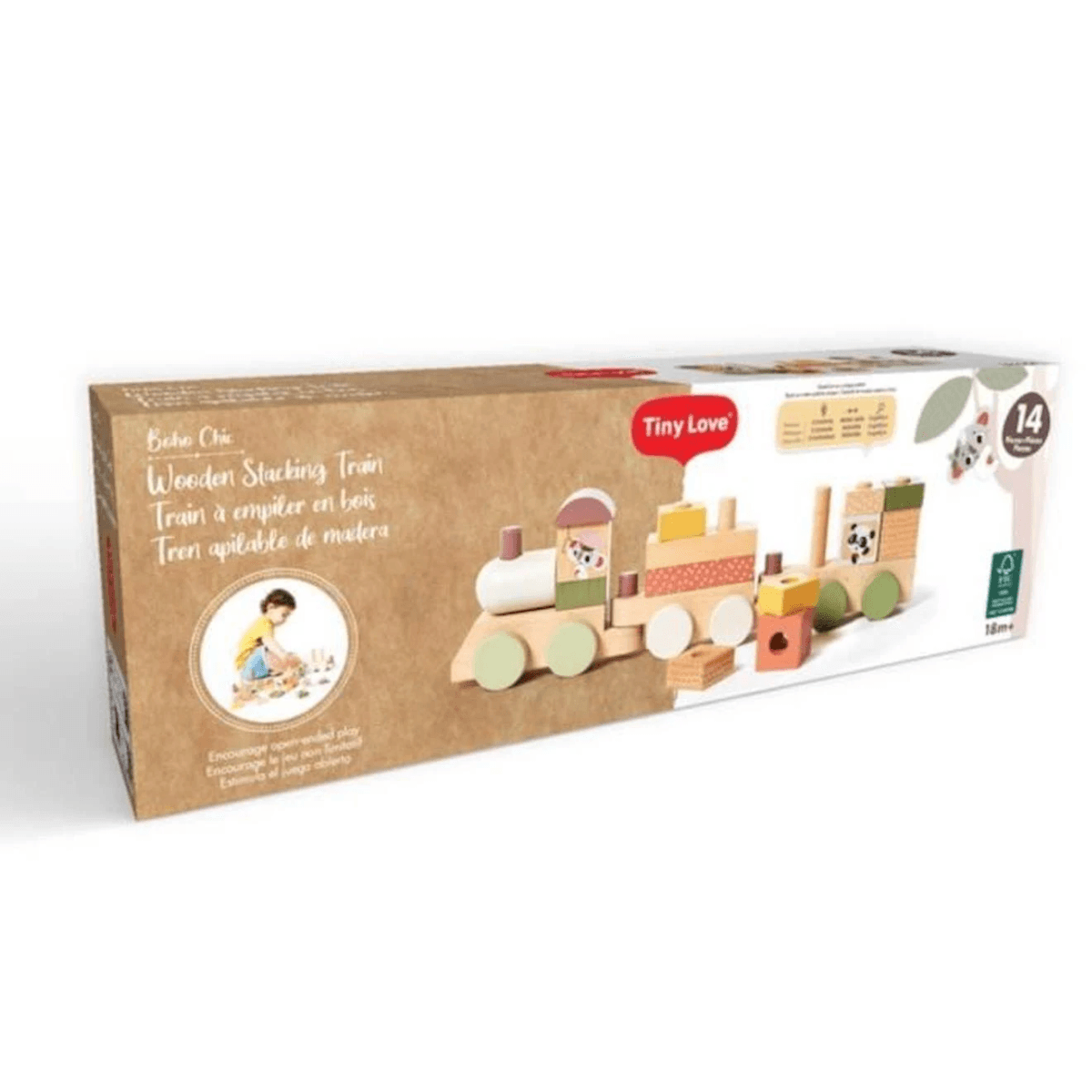 Caja del tren apilable de madera Tiny Love Boho Chic con bloques de colores pastel sobre fondo blanco.