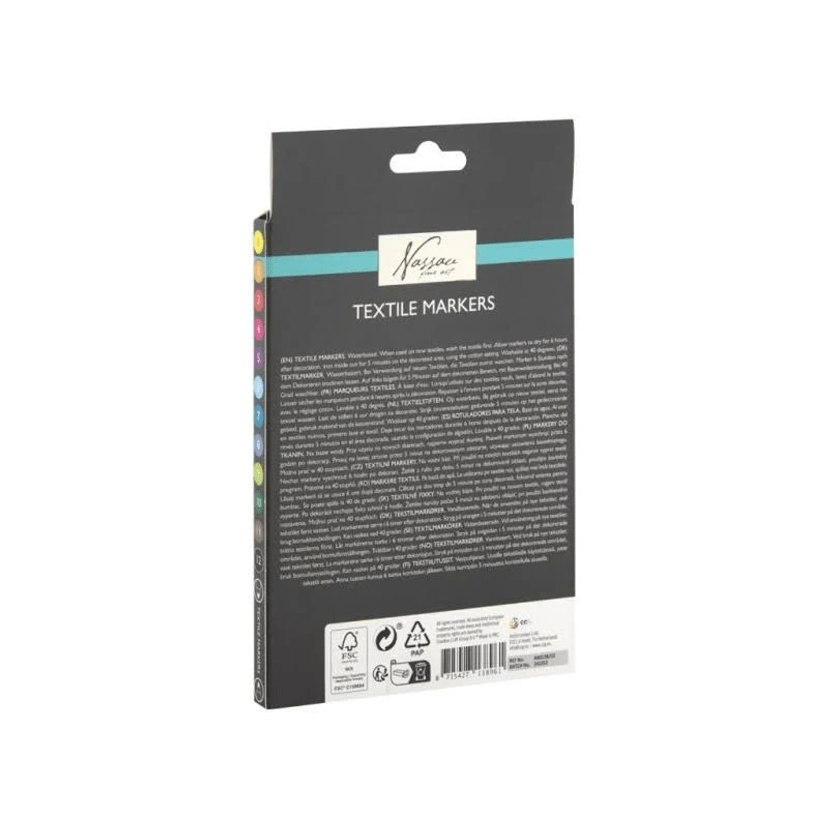 Una caja negra de rotuladores textiles con una franja verde azulada y textos explicativos.