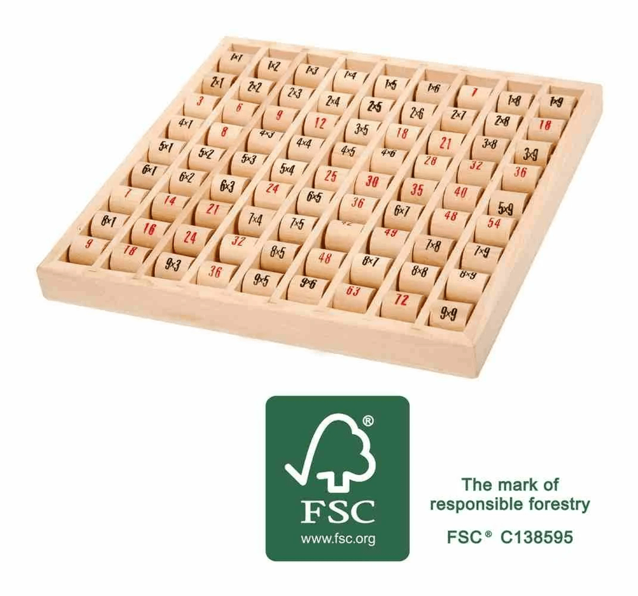 Un tablero de matemáticas de madera con cilindros que muestran problemas de multiplicación y resultados, y el logotipo de FSC.