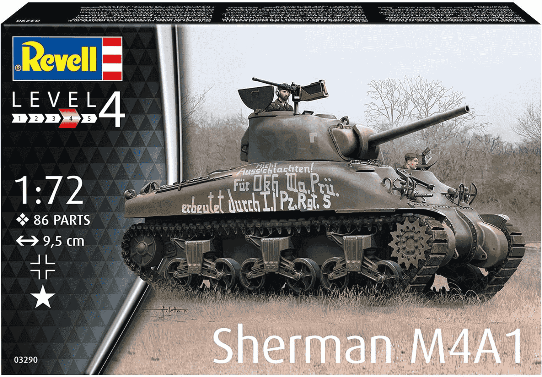 Maqueta de tanque Sherman M4A1 de Revell a escala 1:72 con inscripciones alemanas en el casco.