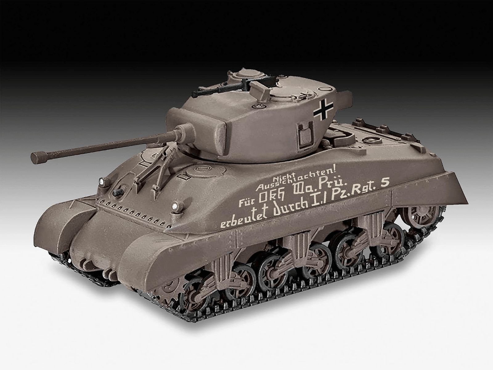 Un tanque modelo gris con inscripciones alemanas y un símbolo de cruz sobre un fondo gris.