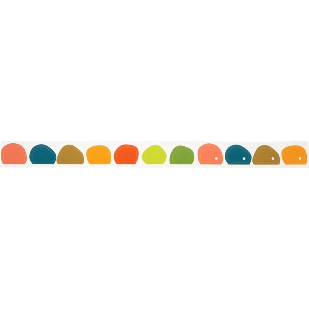 Una fila horizontal de pegatinas coloridas y redondeadas en varios colores sobre un fondo blanco.