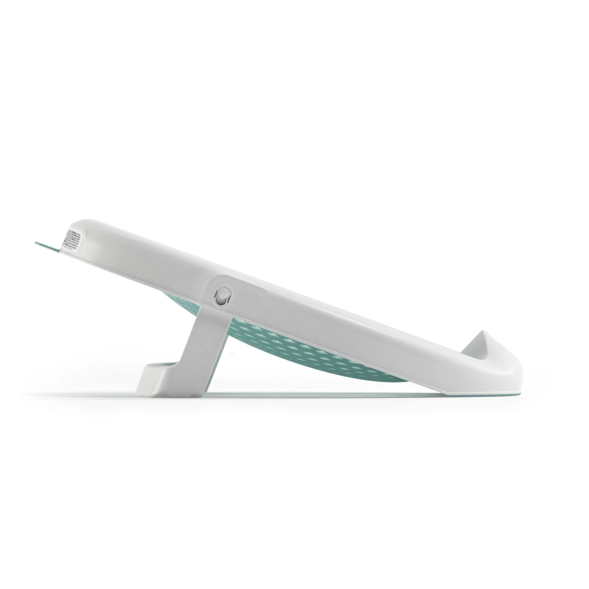 Vista lateral de un asiento de baño para bebé blanco y verde menta con soporte plegable sobre fondo blanco.