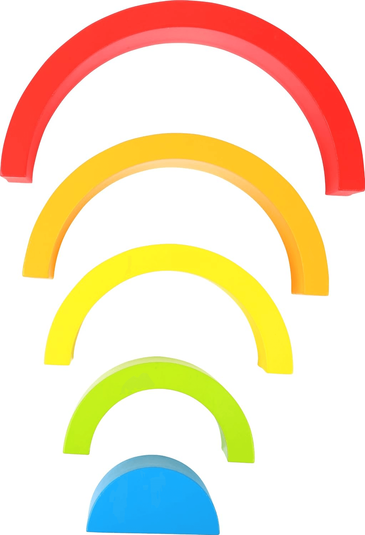 Arcos de madera coloridos de varios tamaños dispuestos como un arco iris.