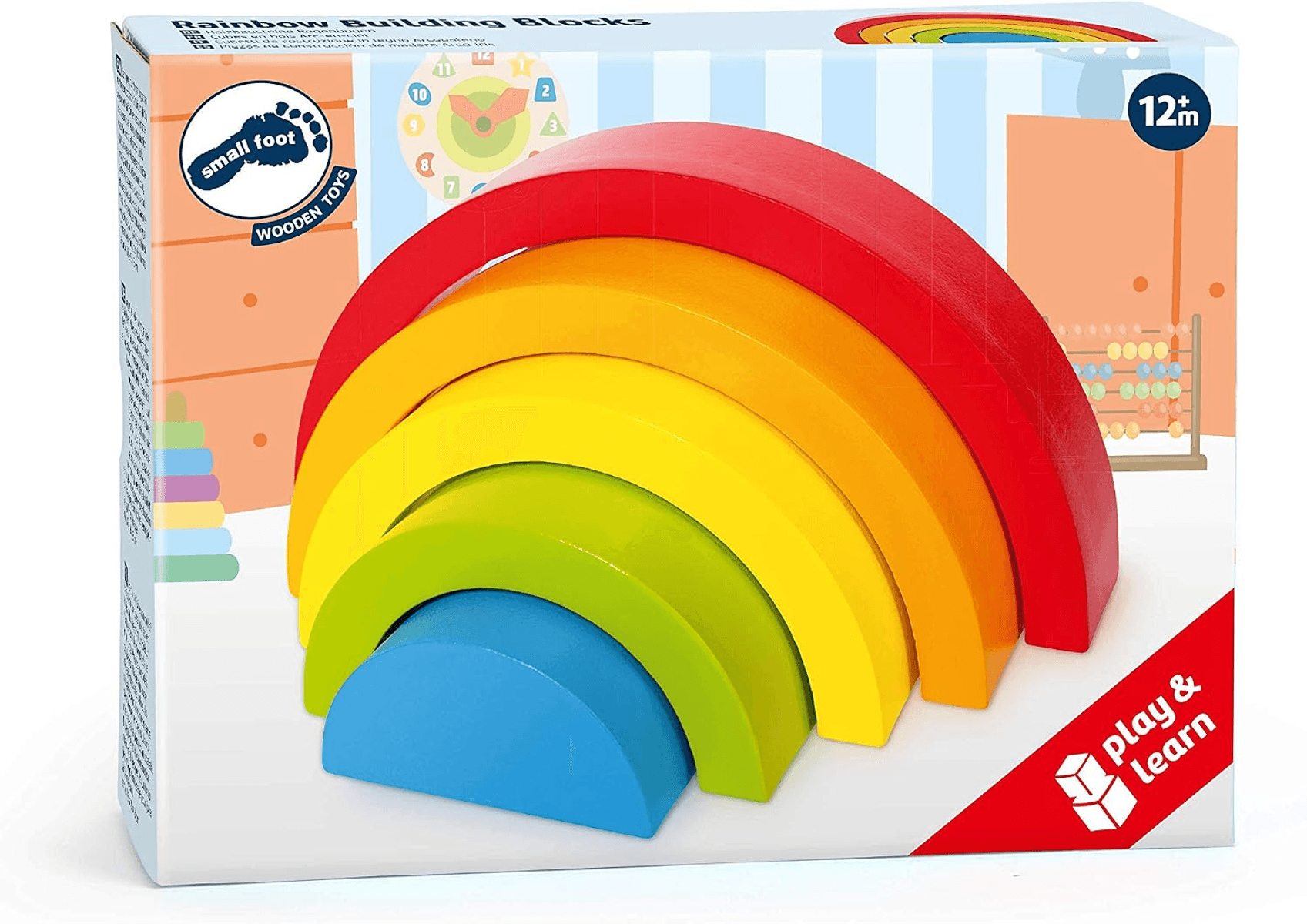 Bloques de madera coloridos de arco iris apilables en una caja.