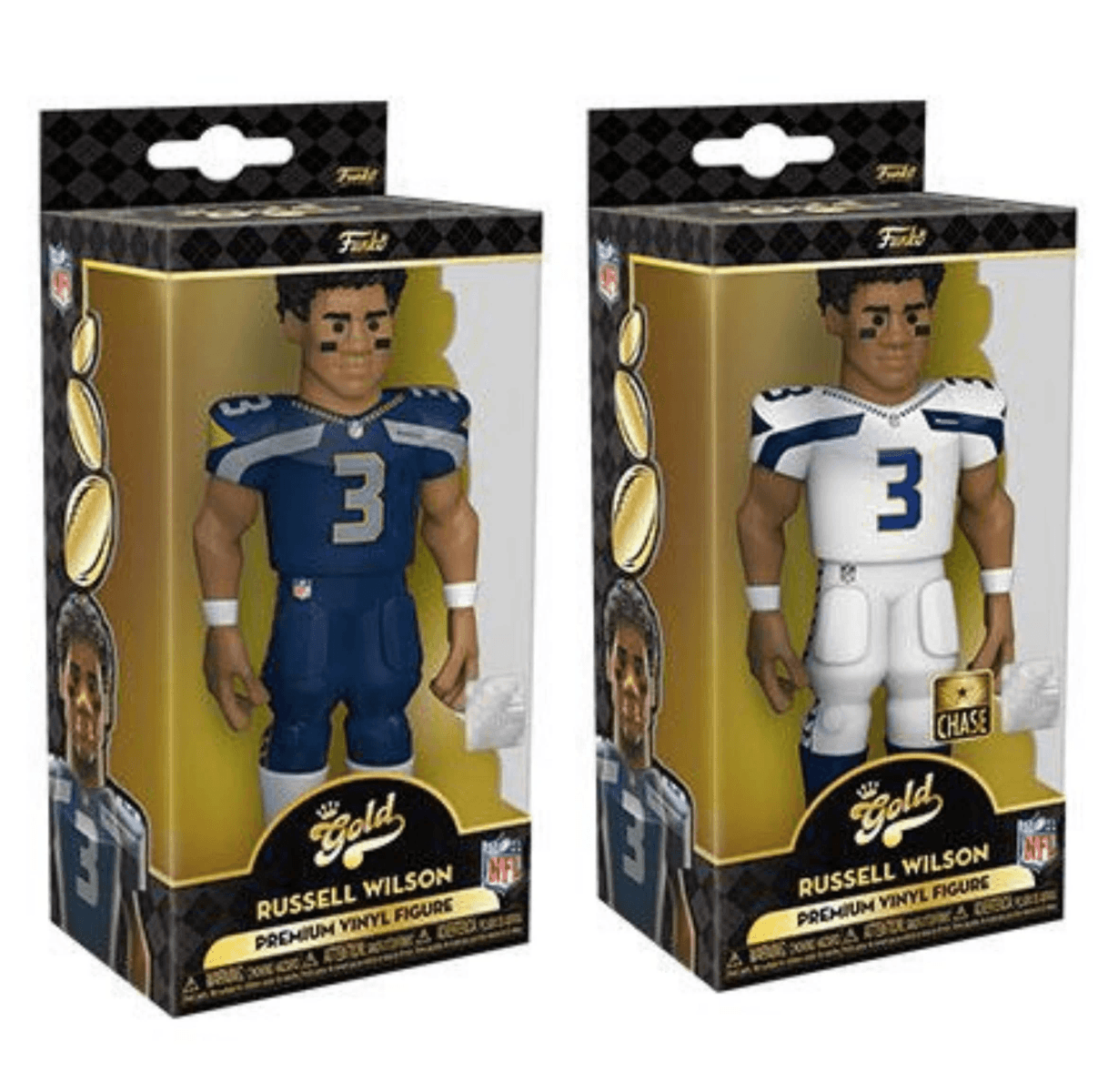 Dos figuras de vinilo Russell Wilson NFL Gold en caja, una azul y otra con camiseta blanca chase.
