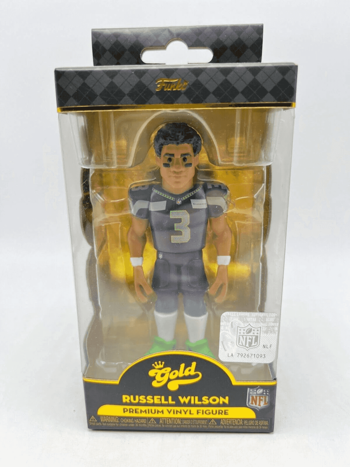 Figura de vinilo coleccionable Russell Wilson NFL Gold en caja, con camiseta gris y número 3.