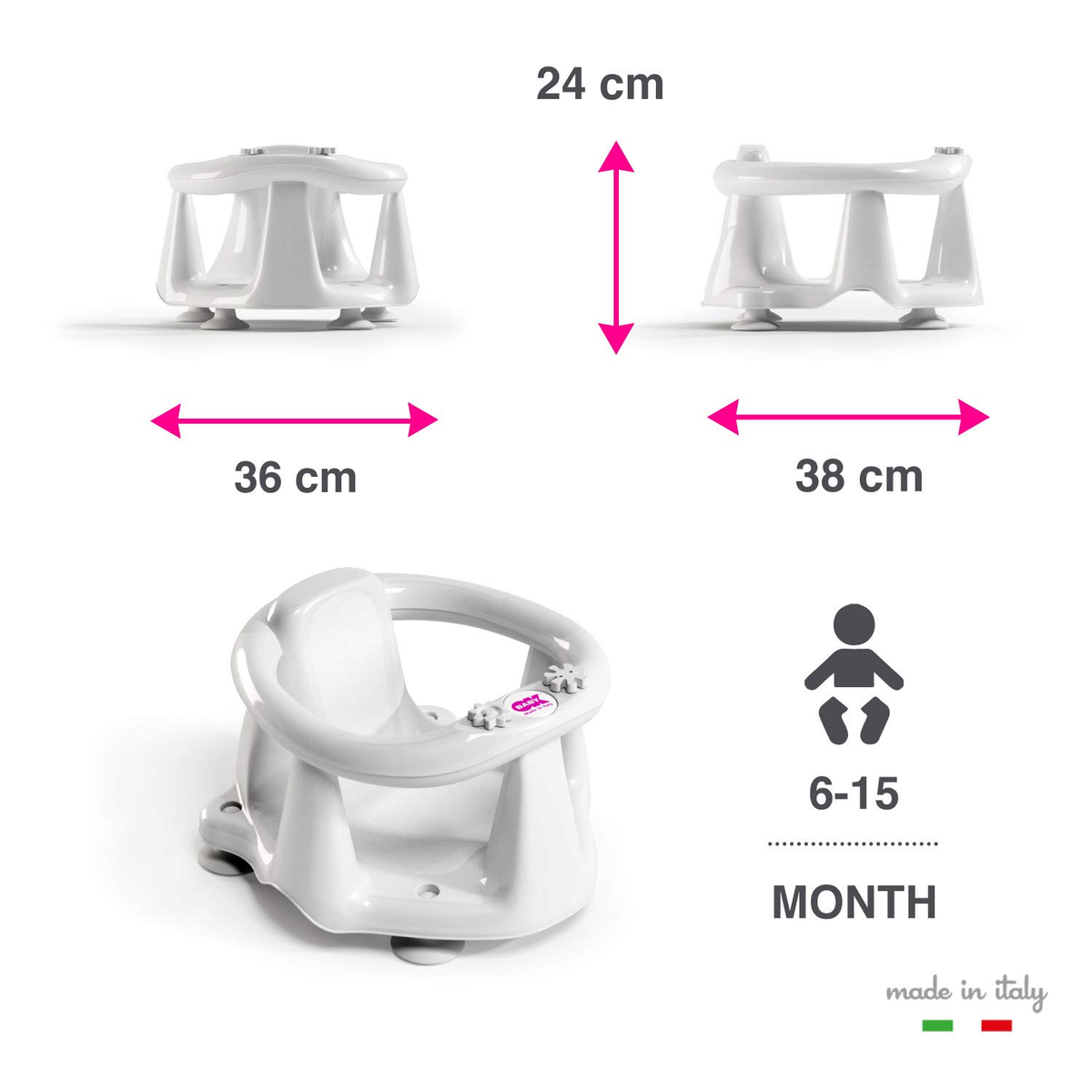 Diagrama de un asiento de baño para bebés blanco con dimensiones y recomendación de 6 a 15 meses.