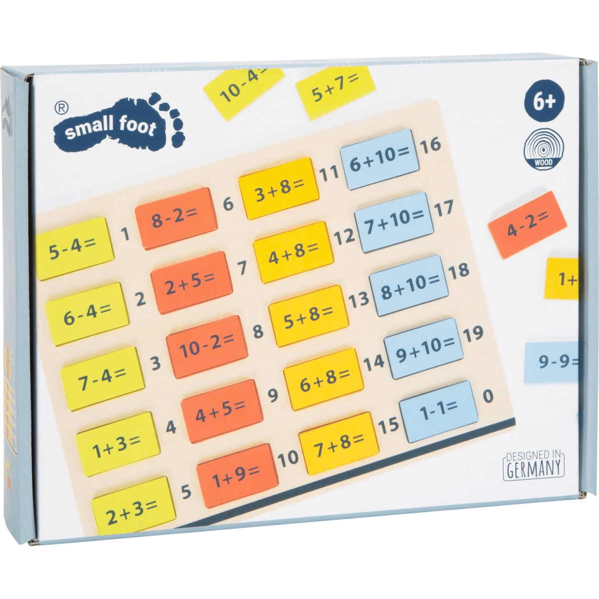 Juego educativo de matemáticas de madera con bloques coloridos y ecuaciones para niños.