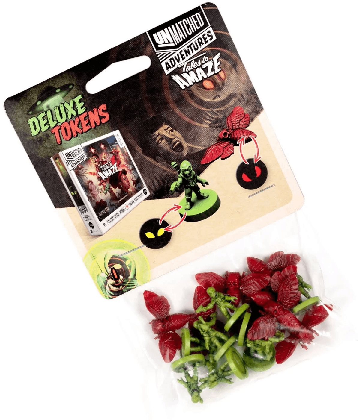 Embalaje de fichas Deluxe de Unmatched Adventures con pequeñas piezas de juego verdes y rojas en una bolsa de plástico.