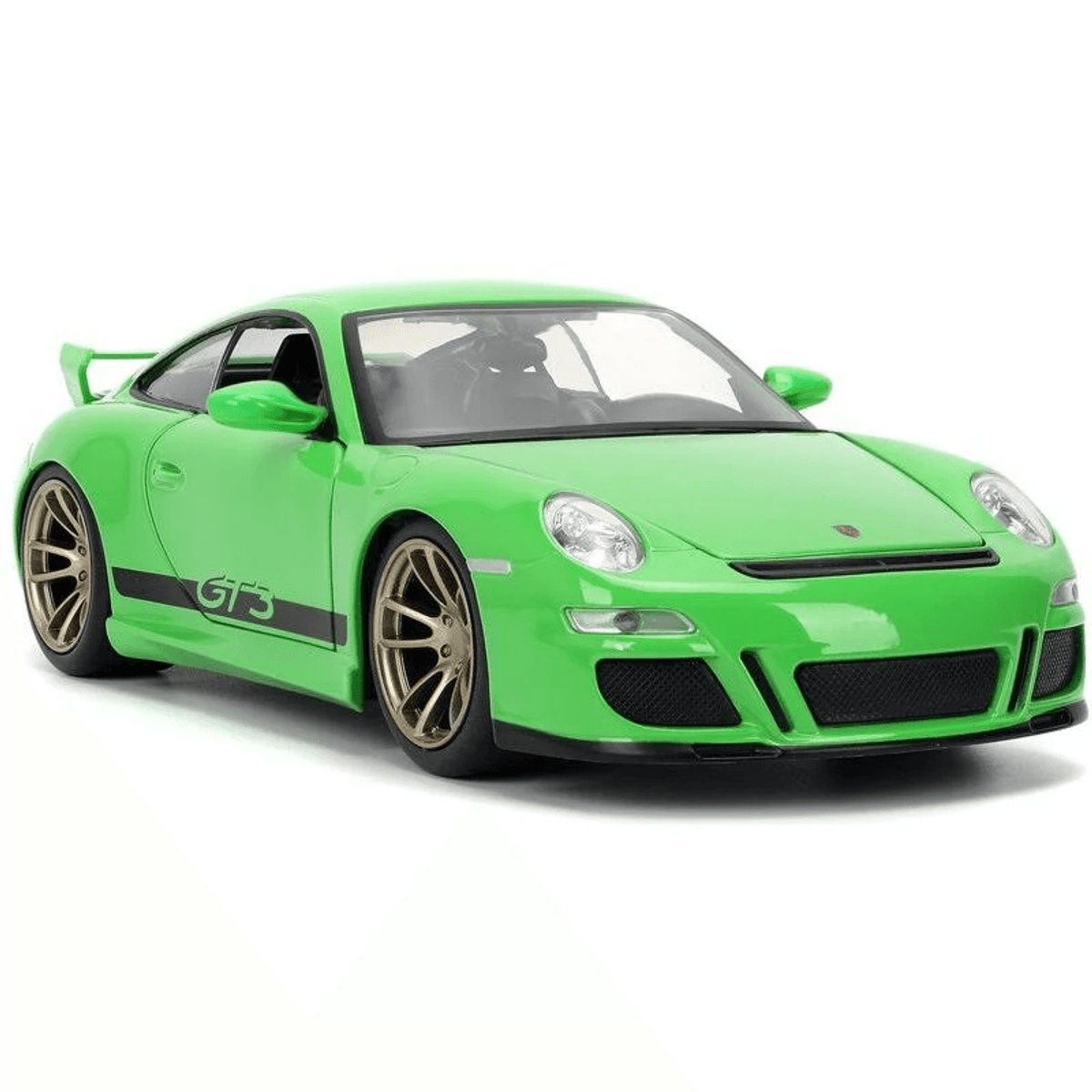 Un modelo de coche Porsche GT3 verde sobre fondo blanco con llantas doradas y letras GT3 en el lateral.