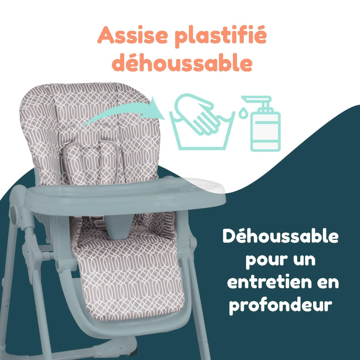 Trona para bebé gris con funda extraíble y fácil de limpiar y estructura de plástico.