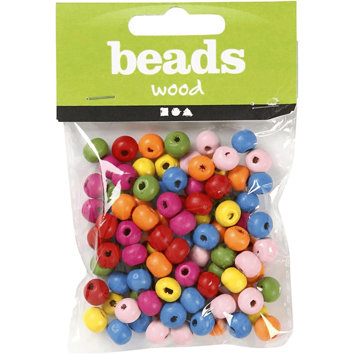 Una bolsa de plástico llena de cuentas de madera coloridas y una etiqueta verde que dice 'beads wood'.