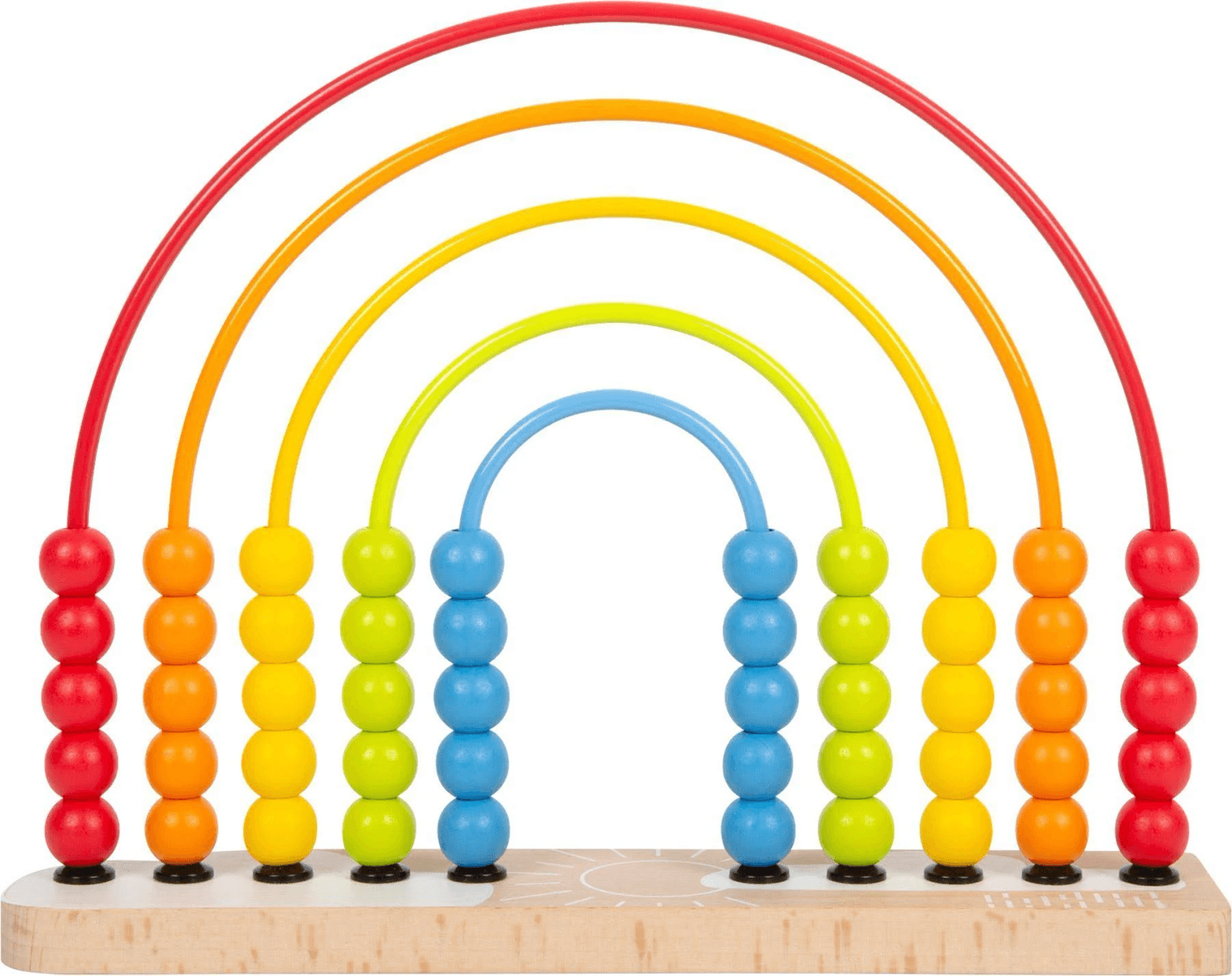 Un ábaco de juguete de madera con arcos y cuentas coloridas en una base.