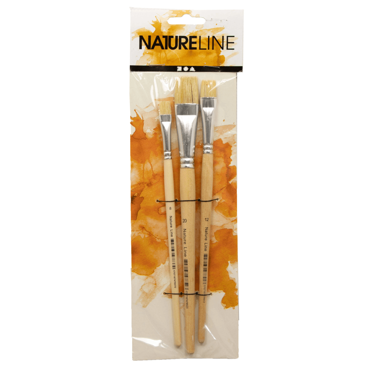 Tres pinceles de madera en un paquete de Natureline sobre un fondo de acuarela naranja.