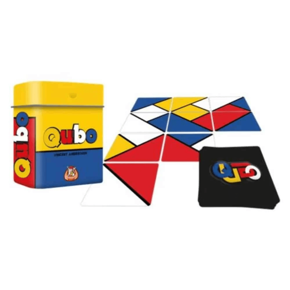 El juego de mesa Qubo incluye una lata amarilla, fichas geométricas de colores y un mazo de cartas.