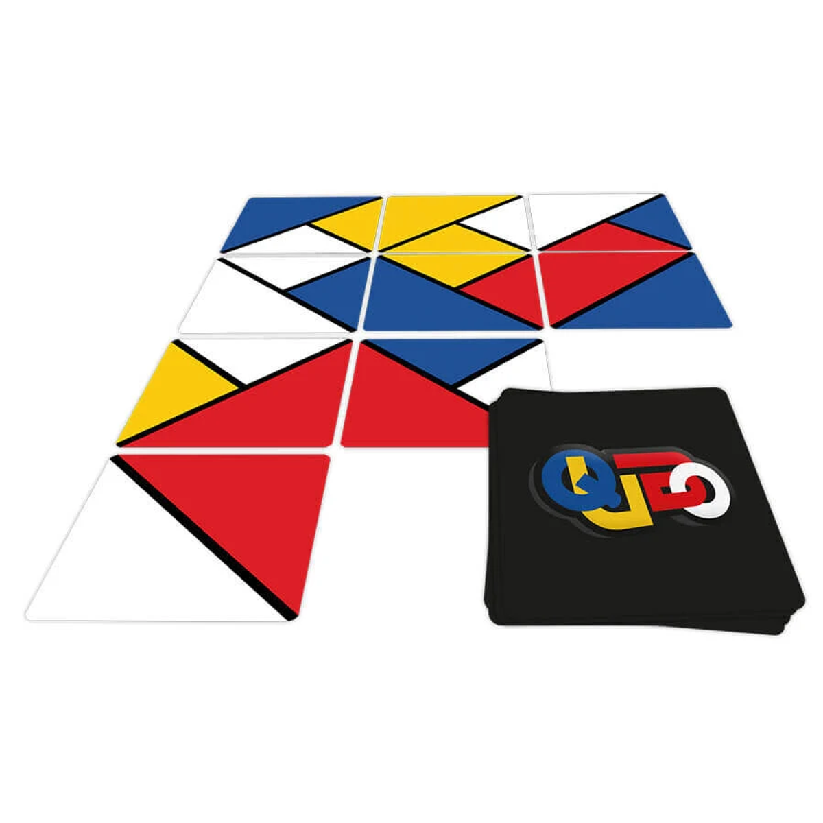Fichas de rompecabezas geométricas en rojo, azul, amarillo y blanco junto a una baraja.