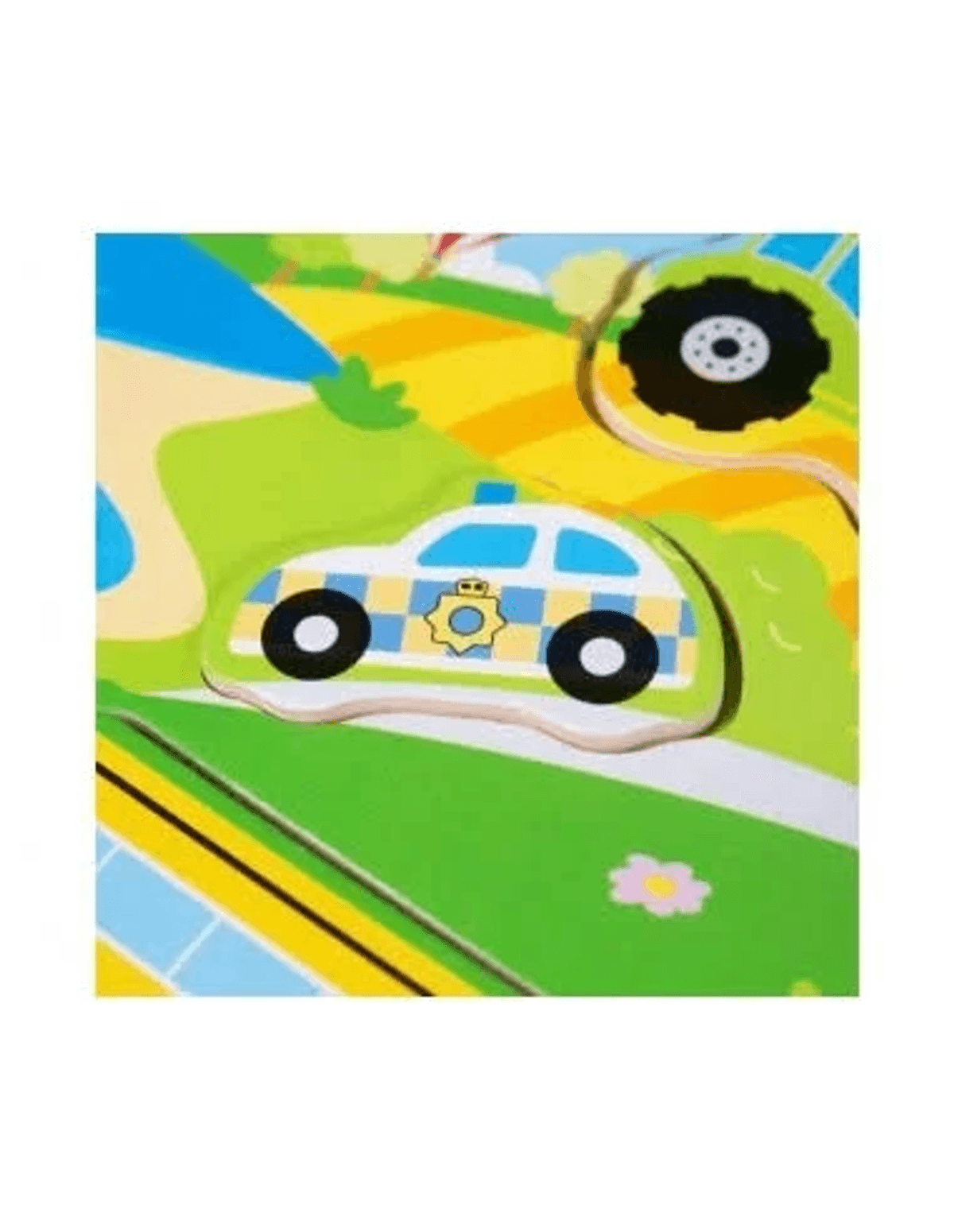 Una pieza de rompecabezas de madera de coche de policía sobre una colorida alfombra de juego.