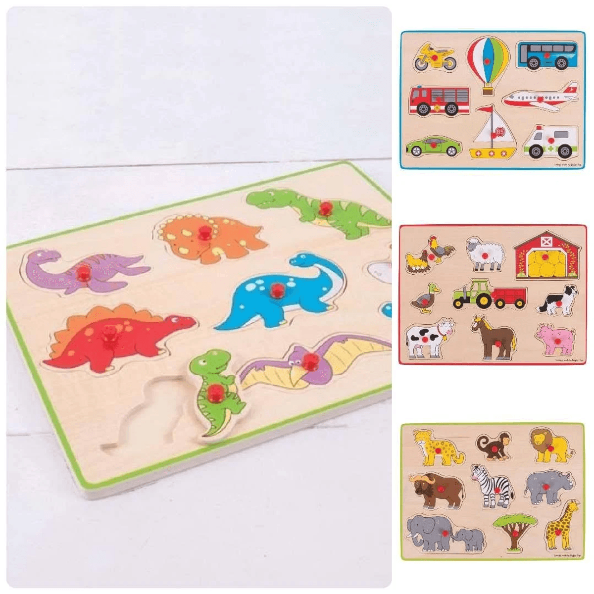 Rompecabezas de madera con dinosaurios coloridos, vehículos, animales de granja y salvajes.