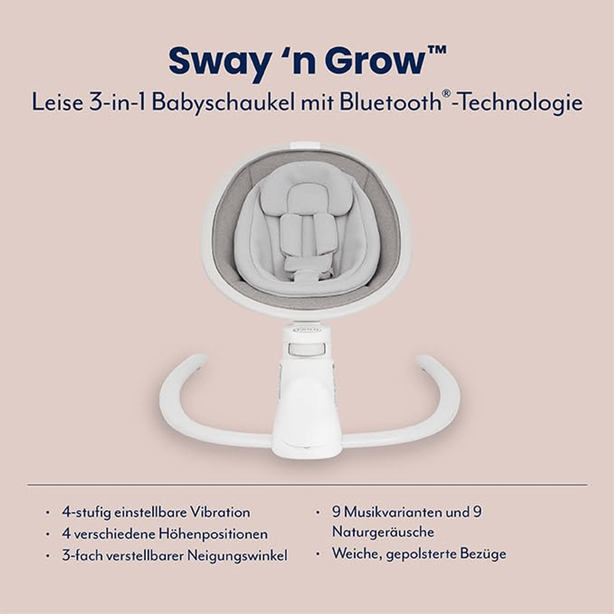 Columpio para bebé Graco Sway 'n Grow 3 en 1 en gris y blanco con texto y características sobre fondo rosa.
