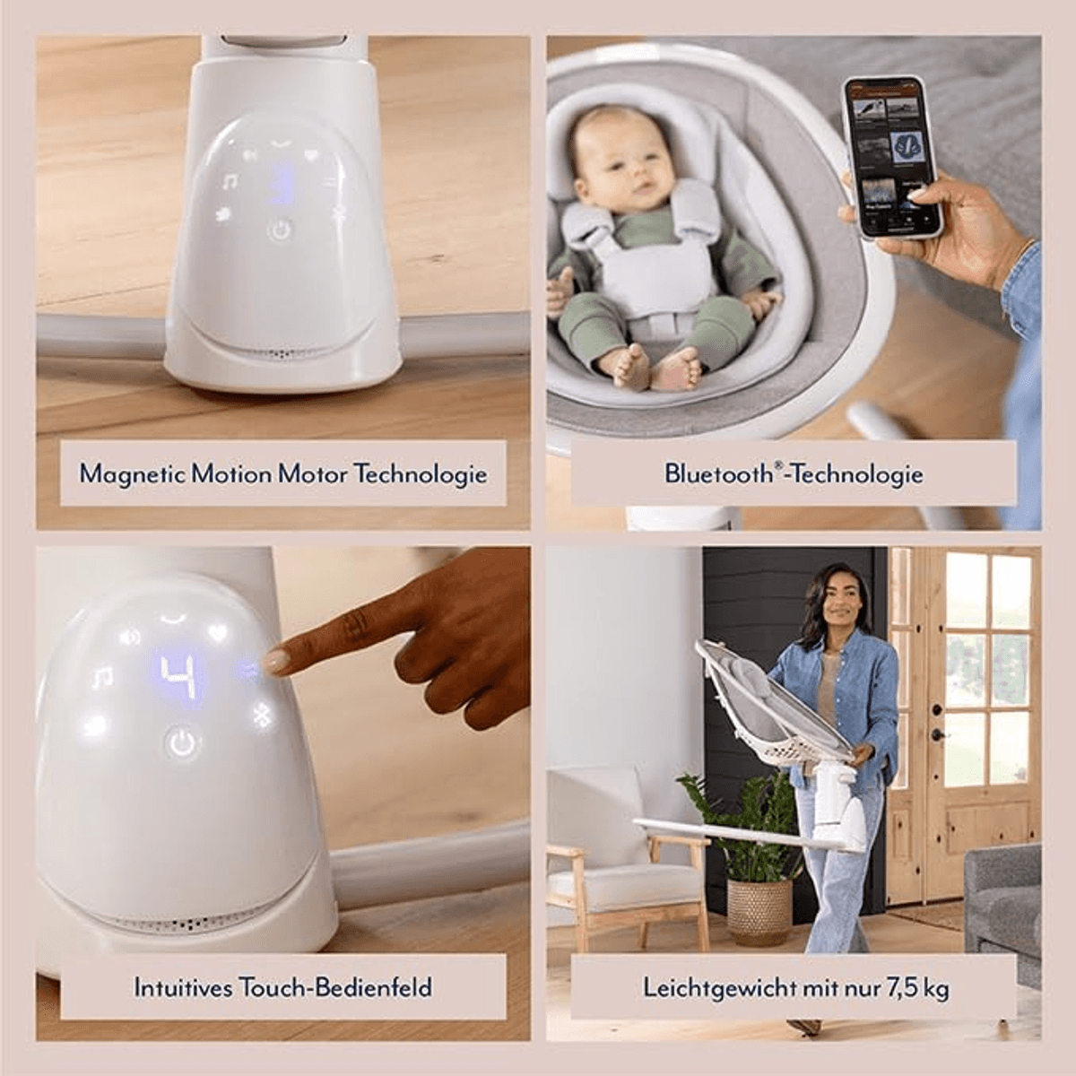 Cuatro imágenes muestran un columpio para bebés con tecnología de motor, control por aplicación y diseño ligero.