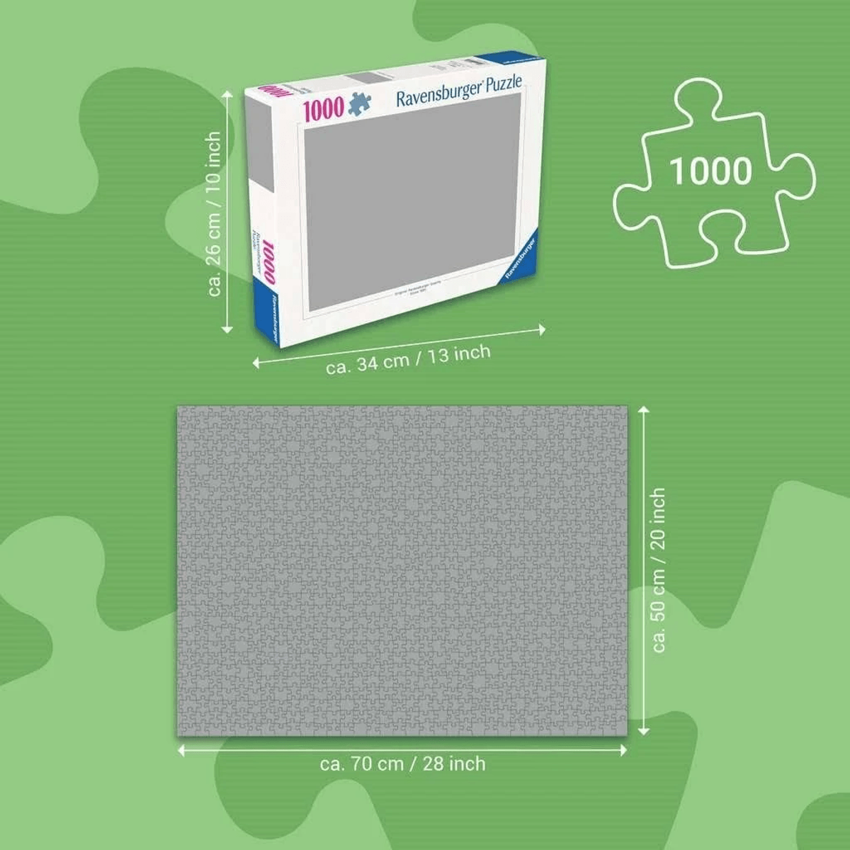 Rompecabezas Ravensburger de 1000 piezas con medidas de caja y puzzle armado.