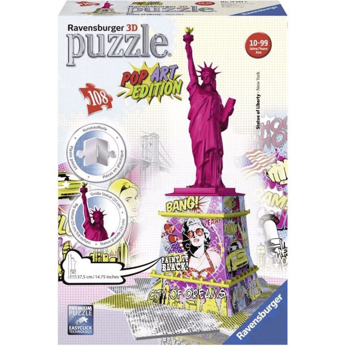 Caja de puzle 3D de Ravensburger con una Estatua de la Libertad rosa en una base.
