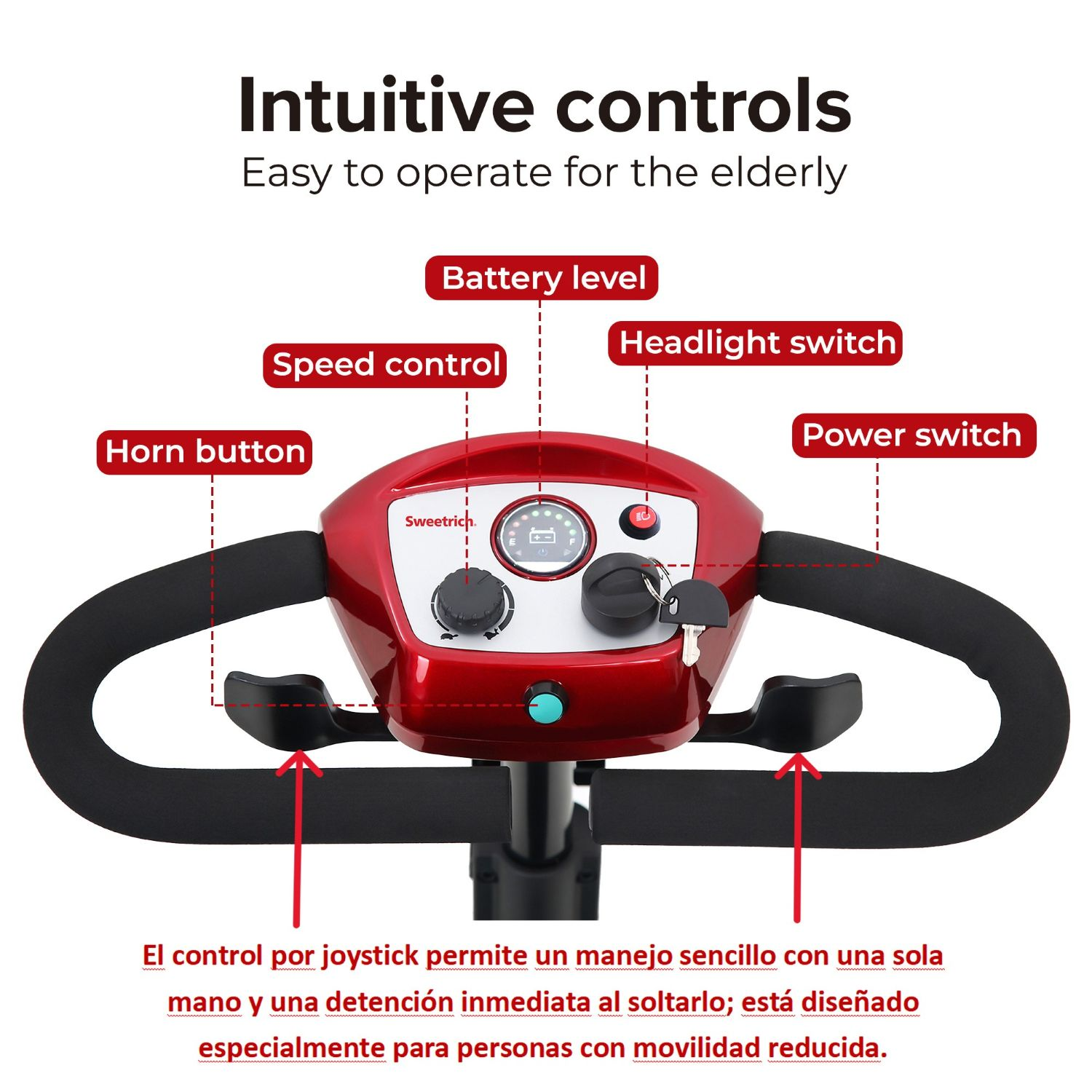 Manillar de scooter de movilidad con controles etiquetados como batería, interruptor y bocina.