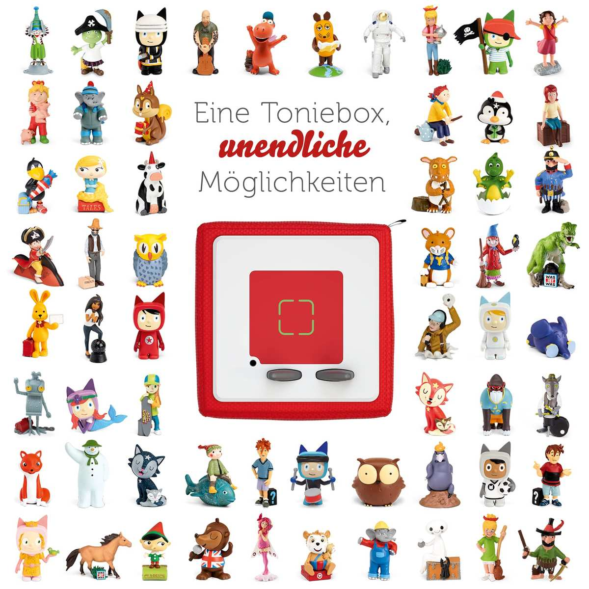 Eine rote Toniebox umgeben von vielen bunten Tonie-Figuren vor weißem Hintergrund.