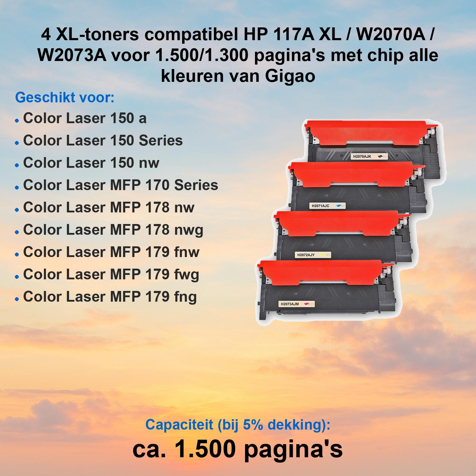 Vier kompatible HP-Tonerkartuschen mit roter Kappe vor einem Sonnenuntergangshintergrund und Text.