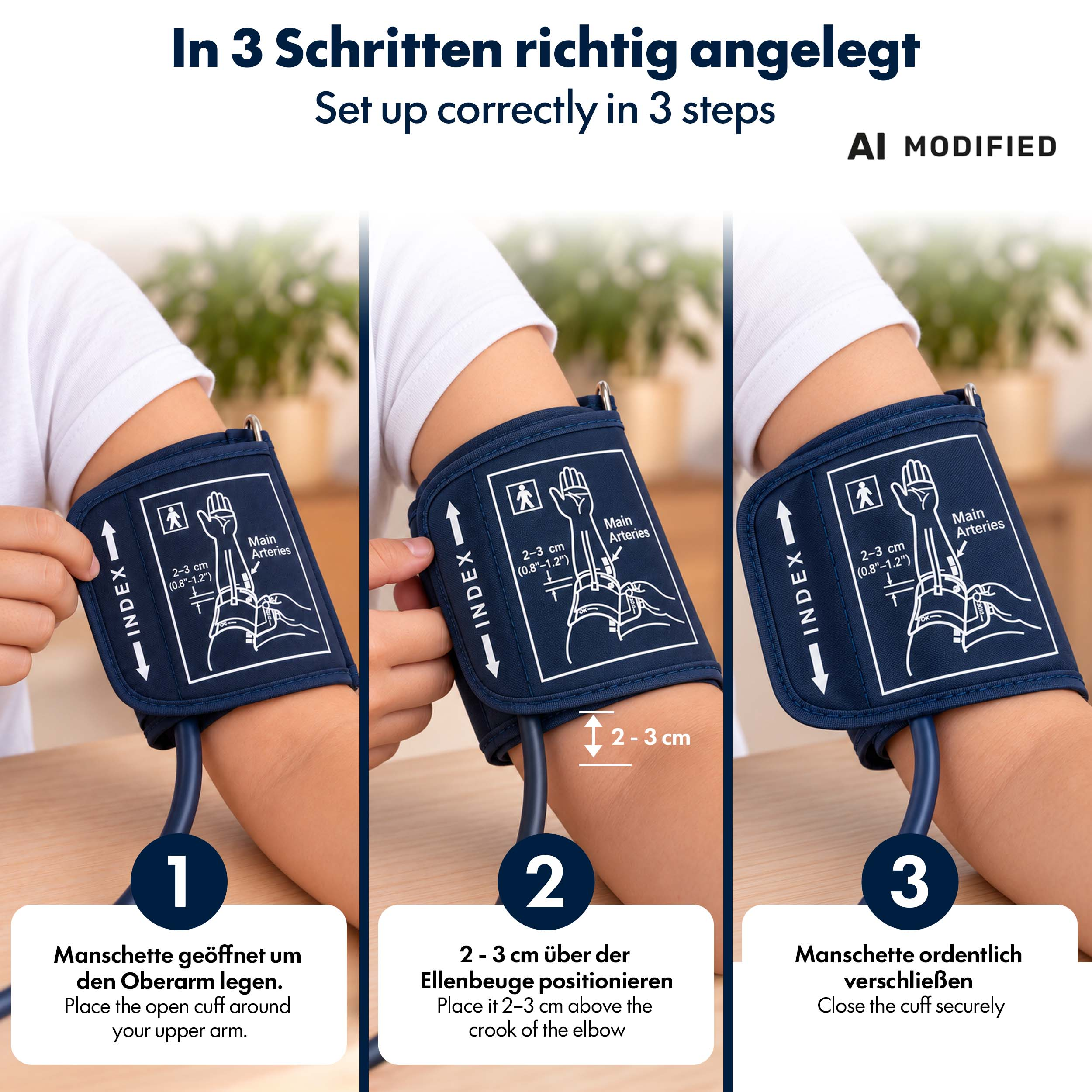 Eine dreiteilige Anleitung zeigt das richtige Anlegen einer blauen Blutdruckmanschette am Oberarm.