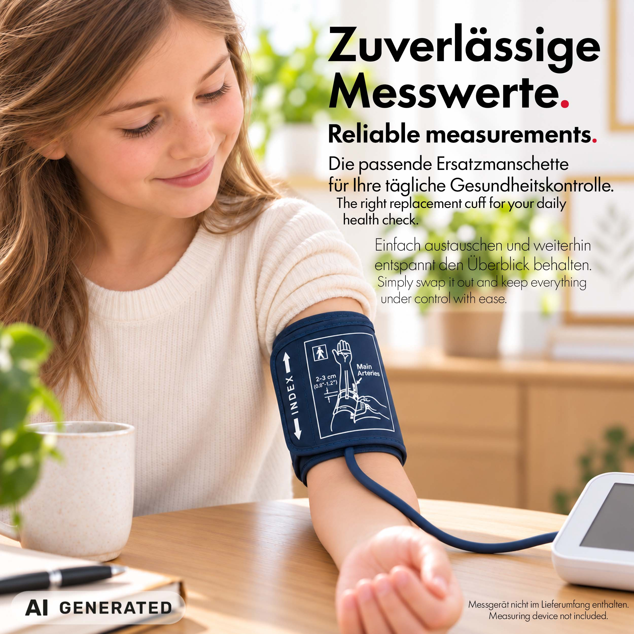 Ein junges Mädchen lächelt, während es eine Blutdruckmanschette trägt.
