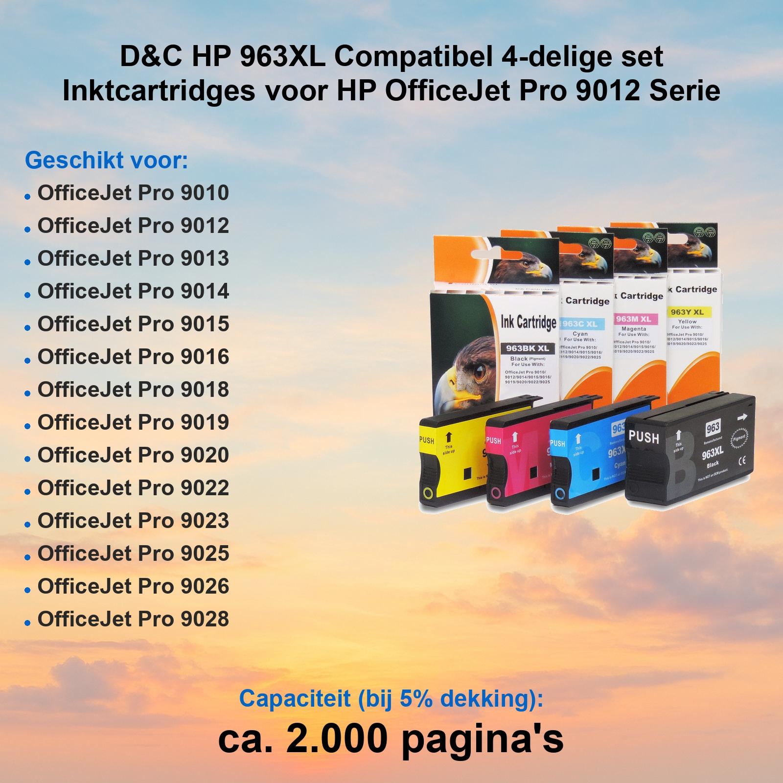 D&C 963XL Tintenpatronen-Set mit schwarzem, gelbem, magentafarbenem und cyanfarbenem Inhalt für HP-Drucker.