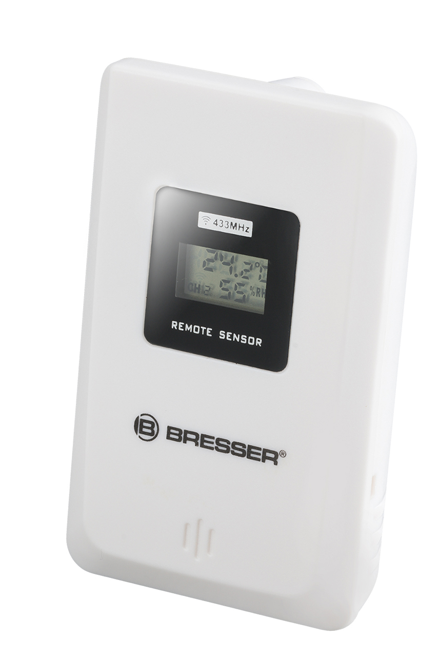 Un sensor remoto Bresser blanco con pantalla digital que muestra temperatura y humedad sobre fondo blanco.