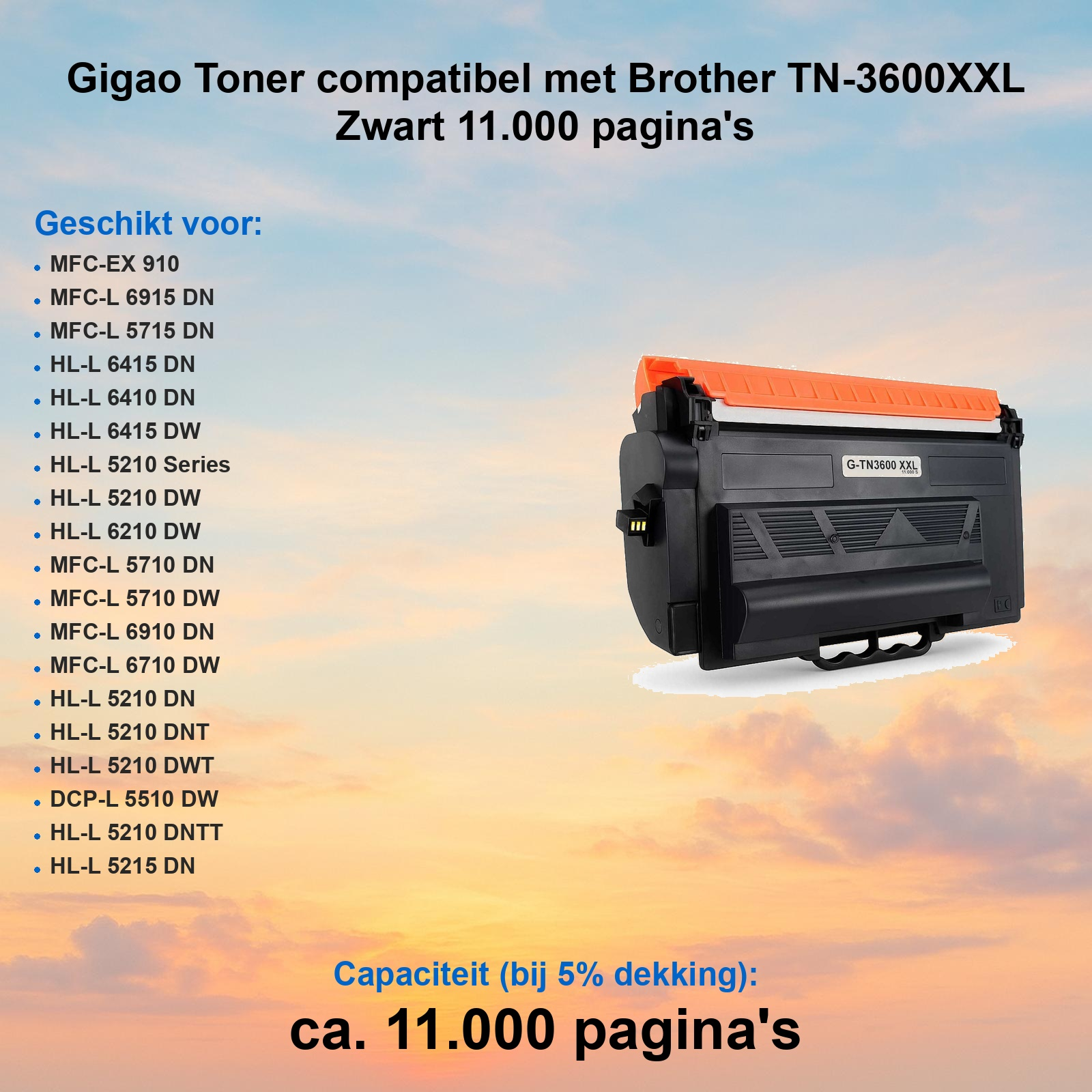 Schwarze Toner-Patrone vor einem Wolkenhimmel mit Text und kompatiblen Druckermodellen.