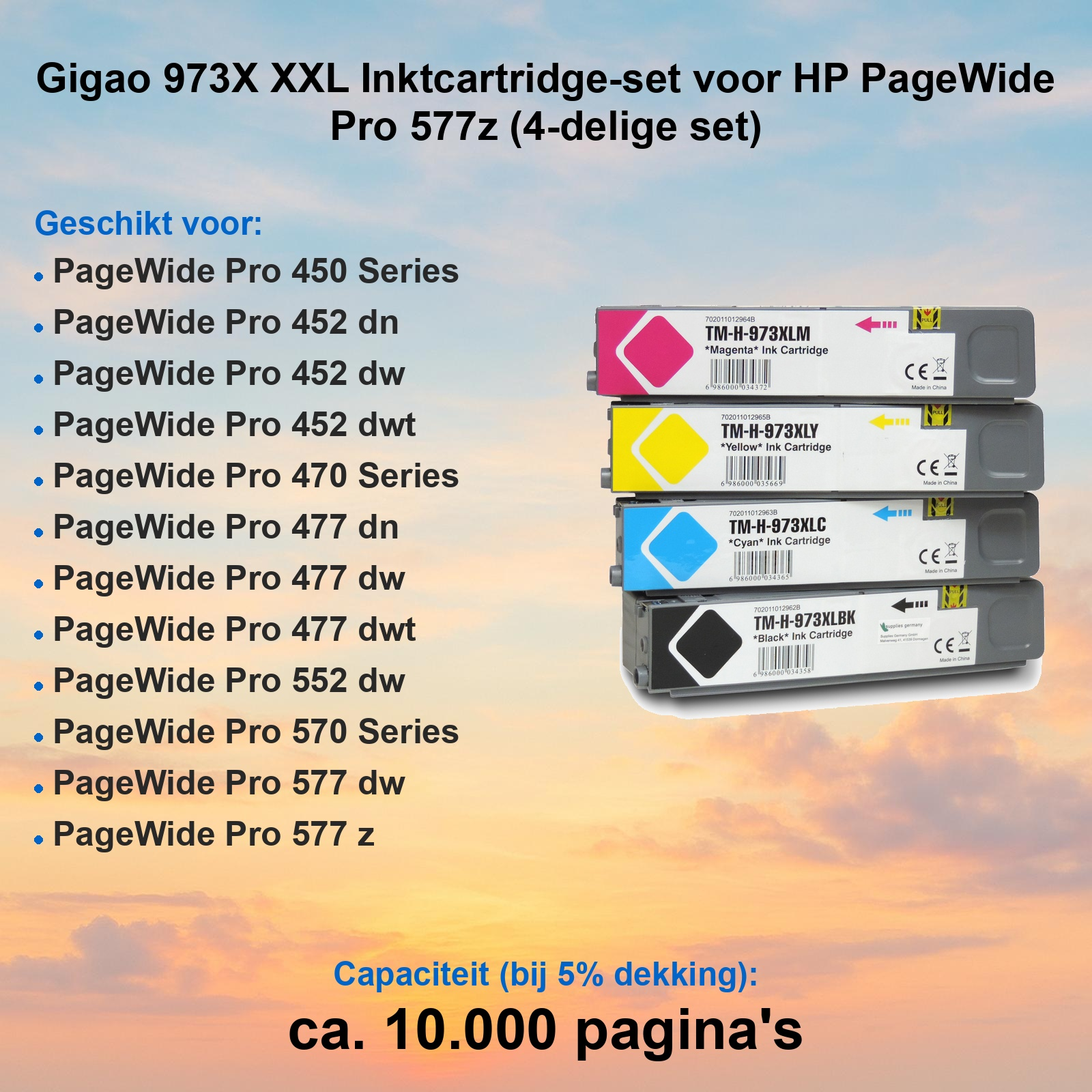Vierfarbiges Gigao 973X XXL Tintenkartuschenset für HP PageWide Drucker vor einem Himmshintergrund.