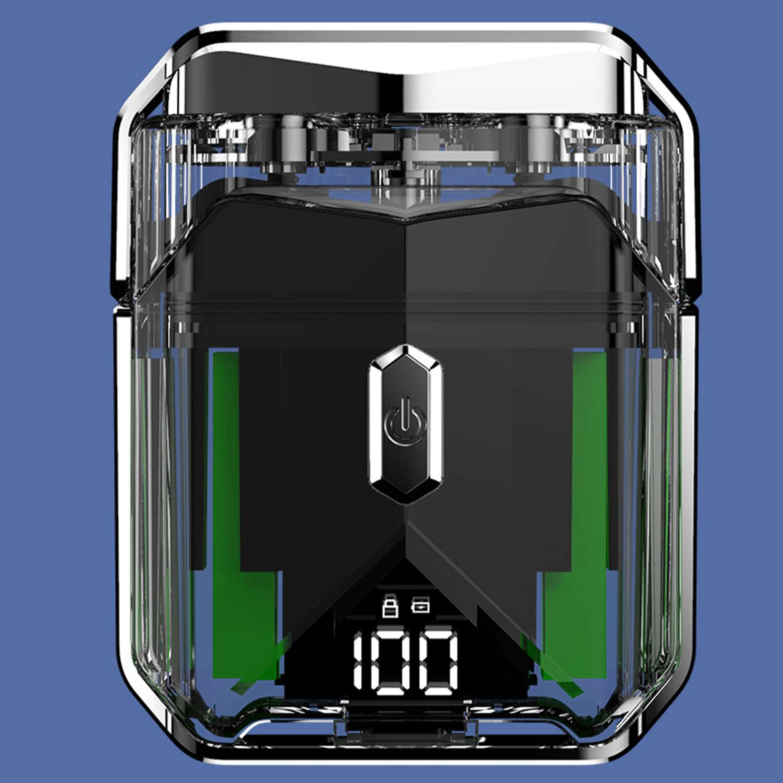 Transparente Ladebox mit Chromrand, digitaler 100% Anzeige und Ein-Aus-Knopf.