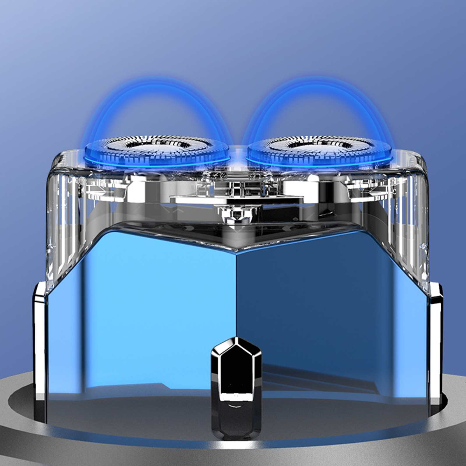 Transparenter Elektrorasierer mit zwei runden Scherköpfen und blauer Beleuchtung.