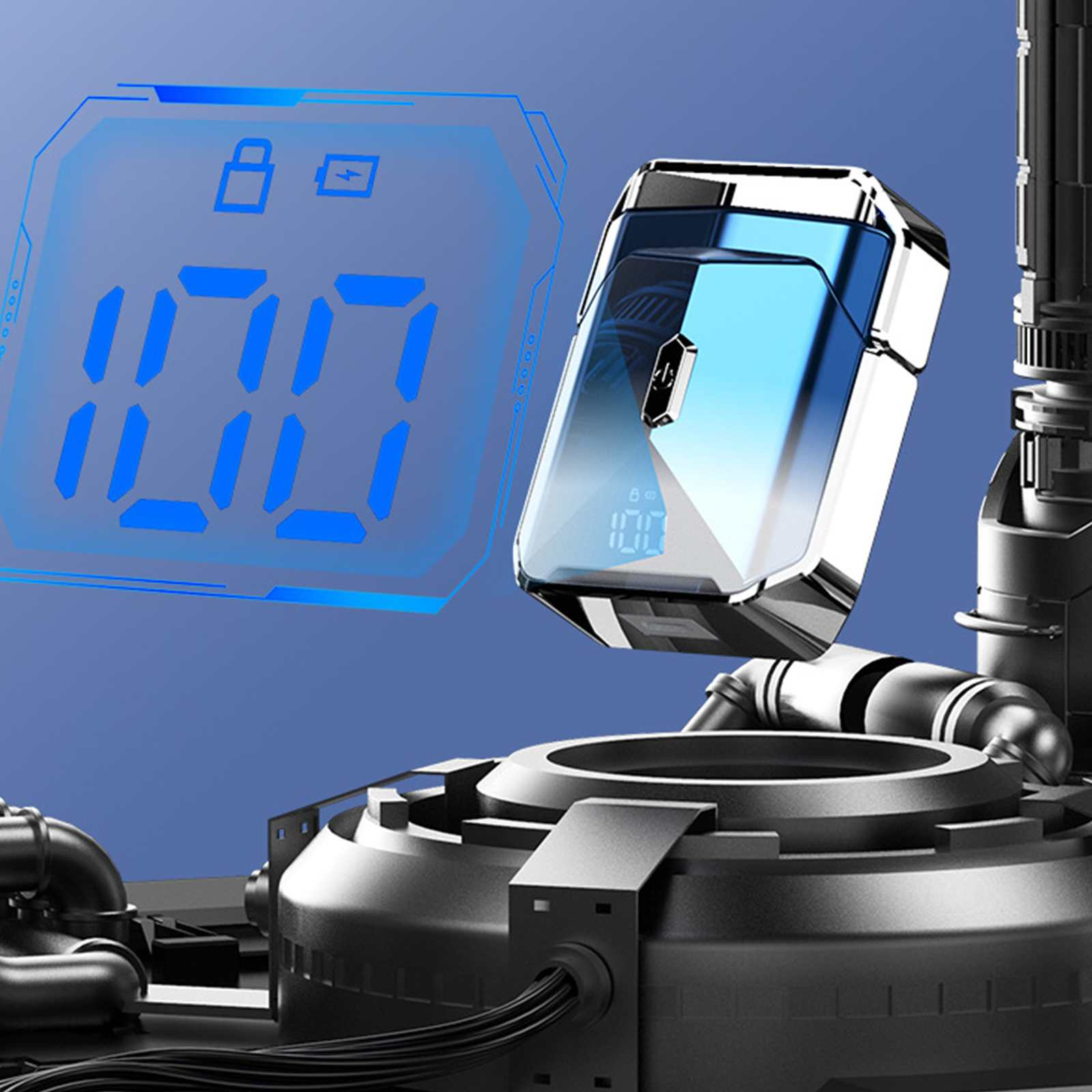Glänzendes blau-silbernes Gerät schwebt über futuristischem Maschinenteil mit digitaler Anzeige.