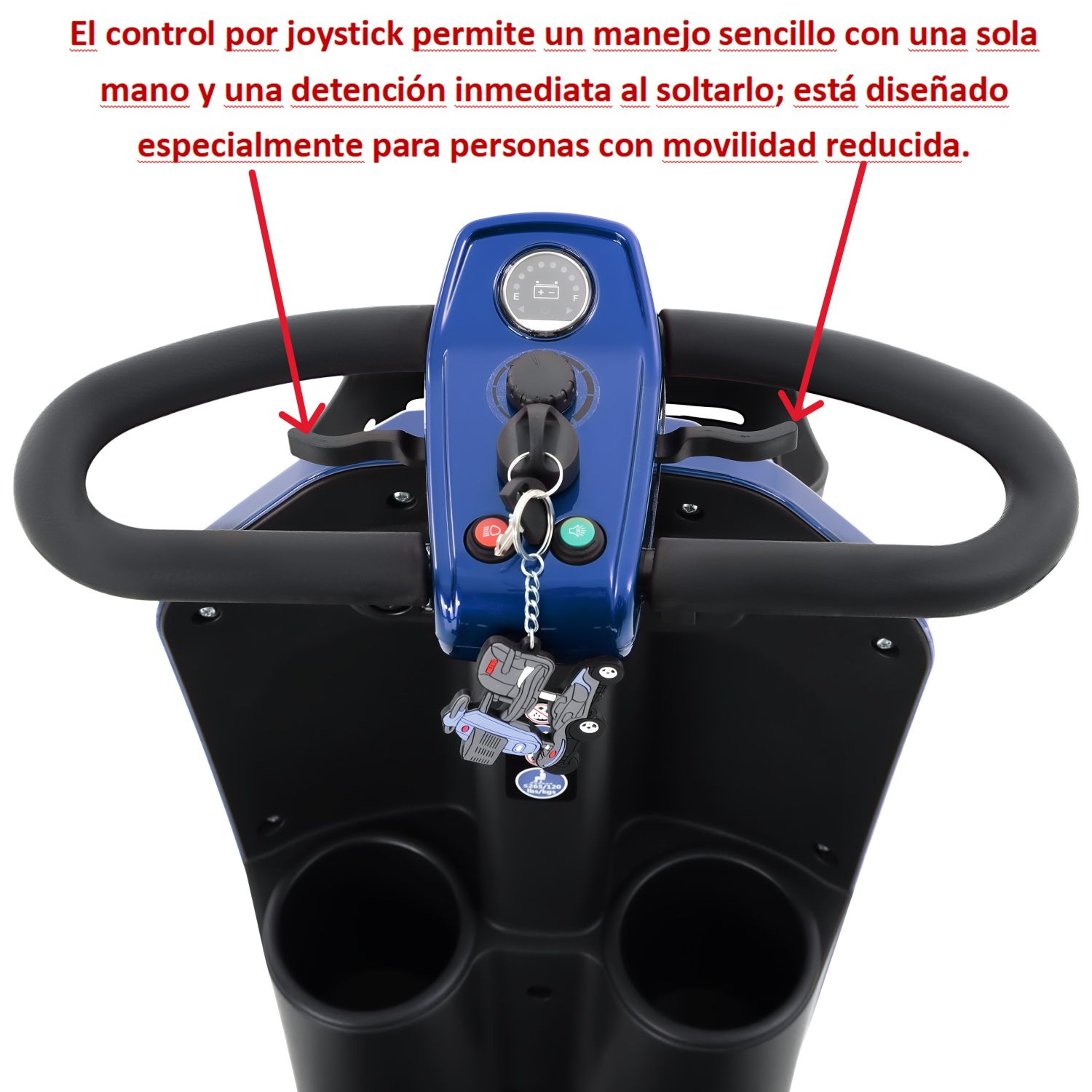 Primer plano de la consola de control de un scooter de movilidad azul con manillar, llaves y portavasos.