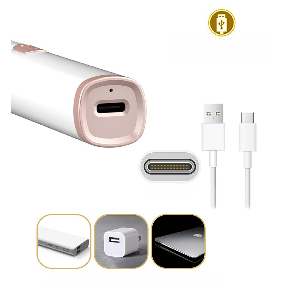 Weisse Powerbank mit Roségold, USB-Kabel und kompatiblen Geräten wie Laptop.