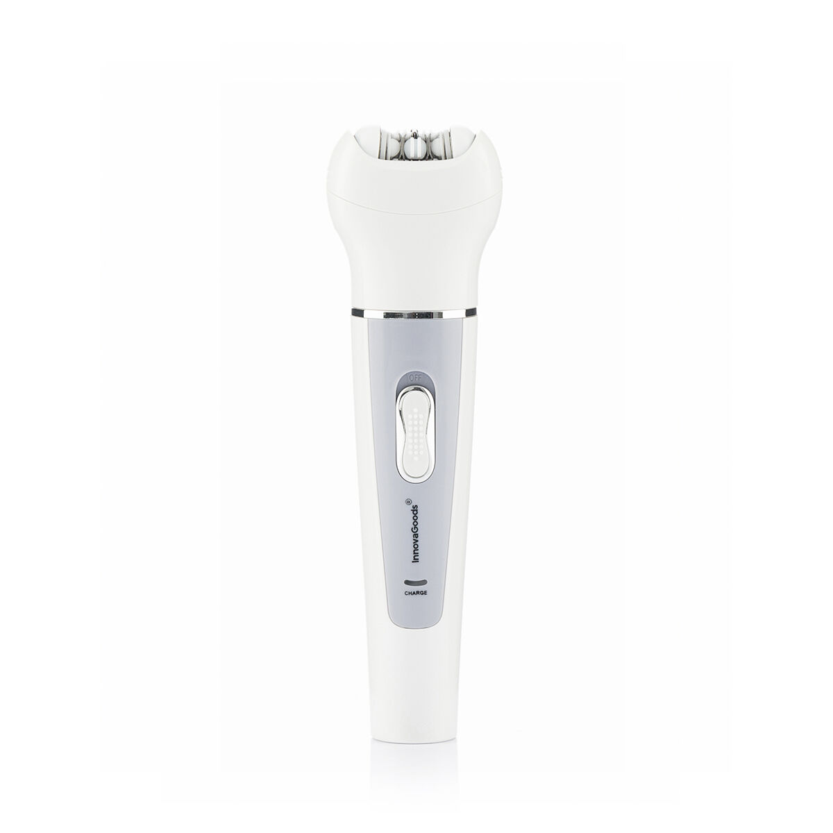 Un epilatore elettrico bianco si erge verticalmente su sfondo bianco, con pannello frontale grigio e interruttore di accensione.
